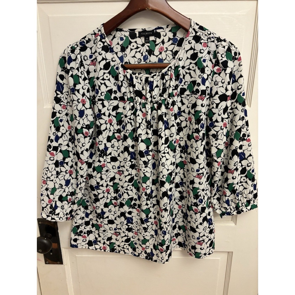 TALBOTS Womens Drapey Peasant Top 3/4 Sleeve Mini Floral White Multicolor‎ XS